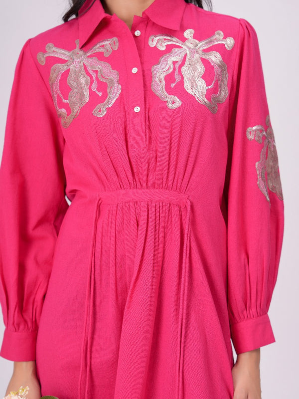 Collared Pink Shirt Dress with Embroidery