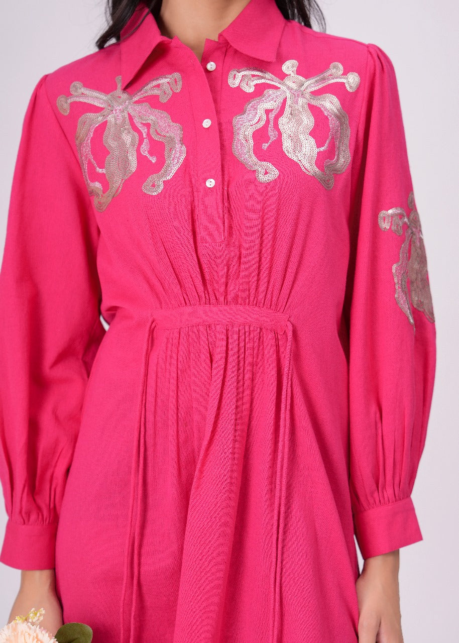 Collared Pink Shirt Dress with Embroidery