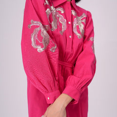 Collared Pink Shirt Dress with Embroidery