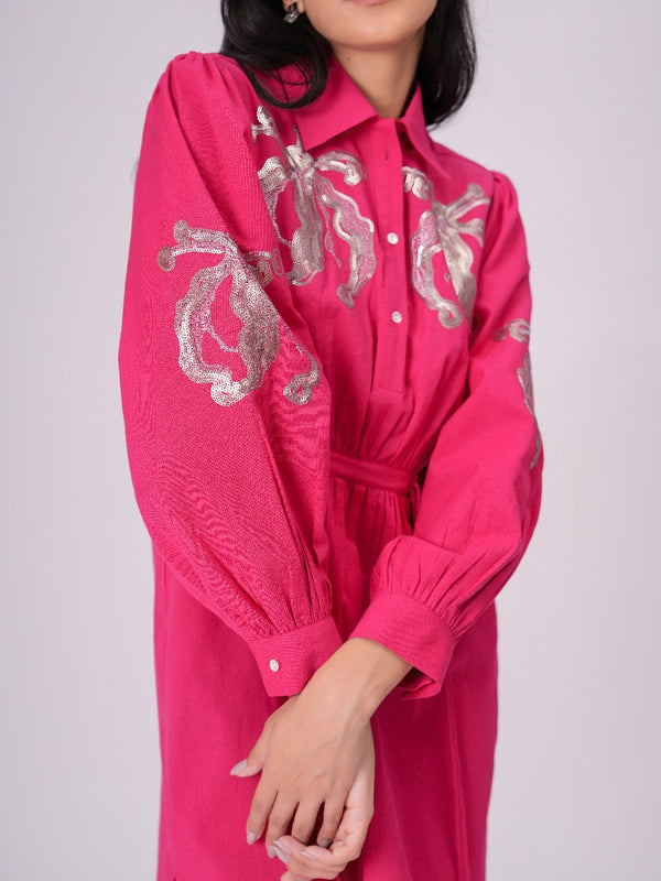 Collared Pink Shirt Dress with Embroidery