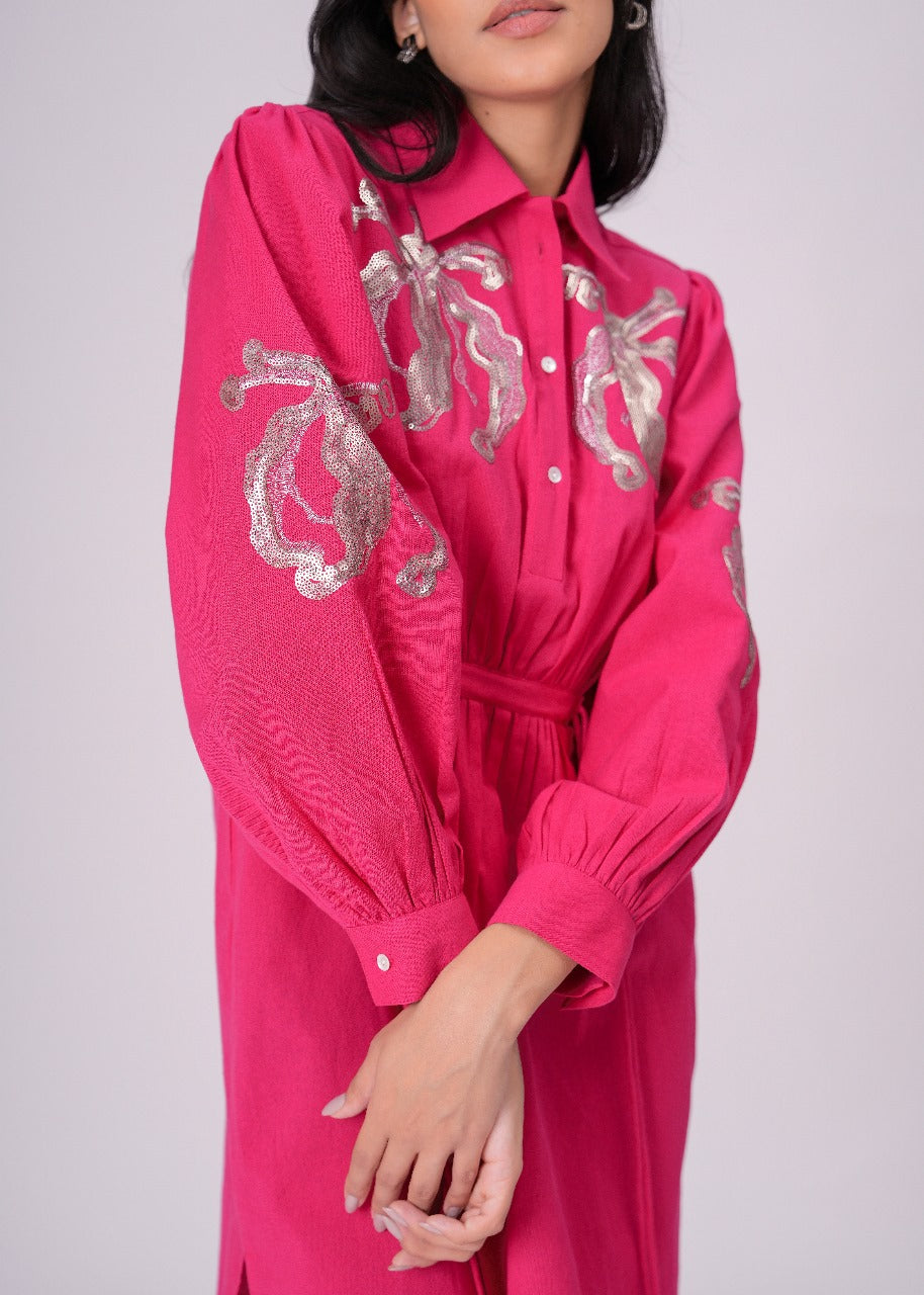 Collared Pink Shirt Dress with Embroidery