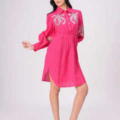 Collared Pink Shirt Dress with Embroidery