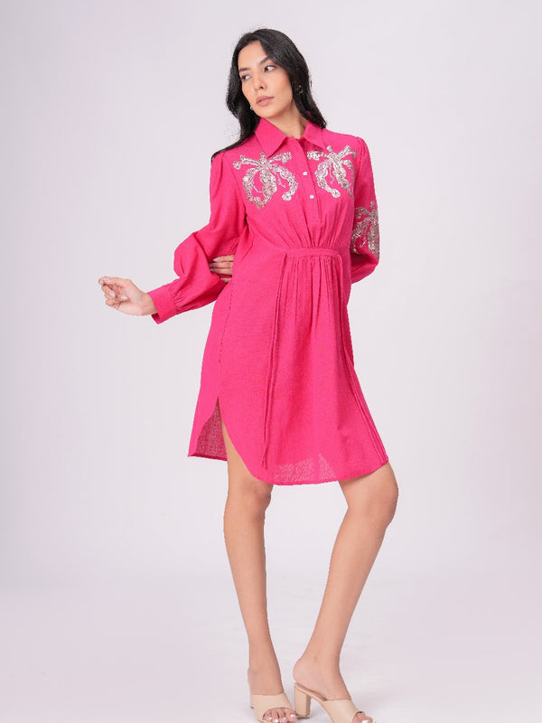 Collared Pink Shirt Dress with Embroidery