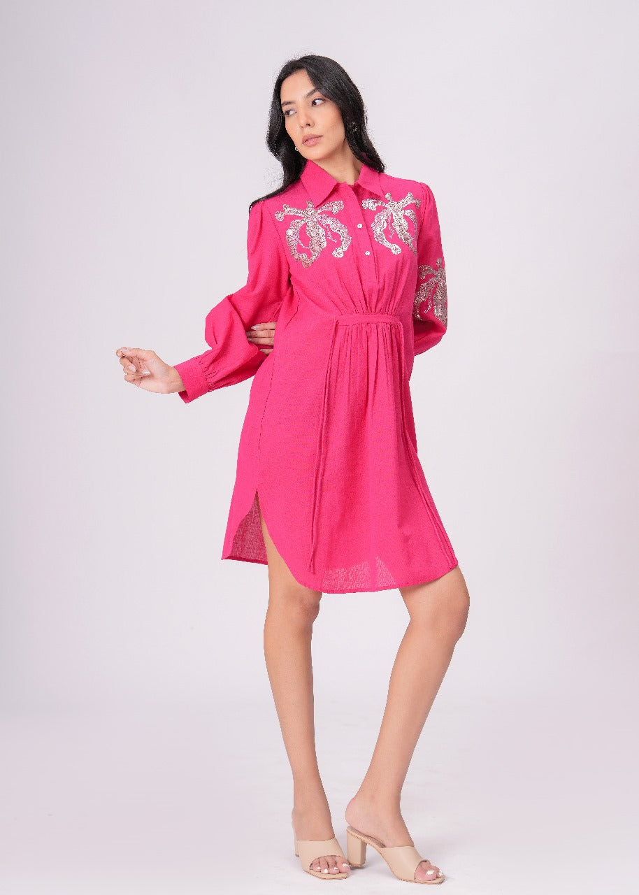 Collared Pink Shirt Dress with Embroidery