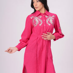 Collared Pink Shirt Dress with Embroidery