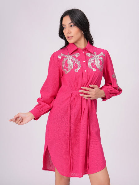 Collared Pink Shirt Dress with Embroidery