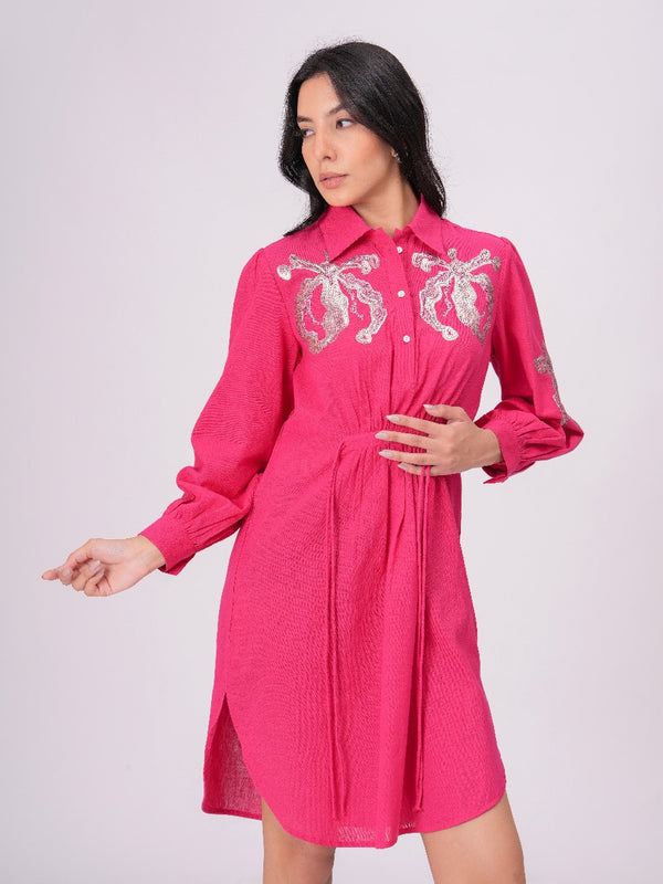 Collared Pink Shirt Dress with Embroidery