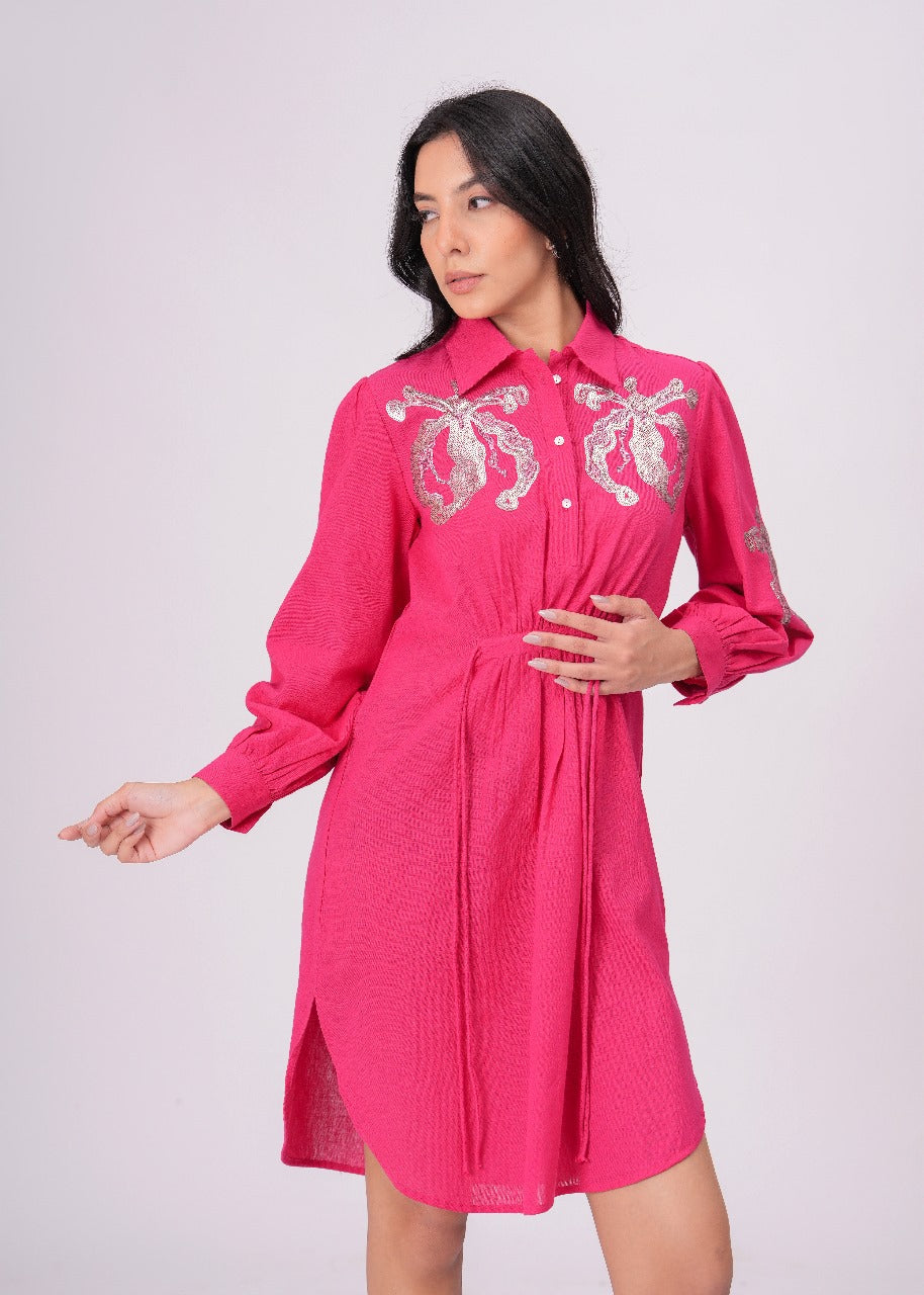Collared Pink Shirt Dress with Embroidery
