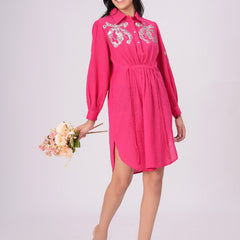 Collared Pink Shirt Dress with Embroidery