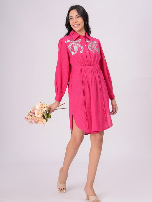 Collared Pink Shirt Dress with Embroidery