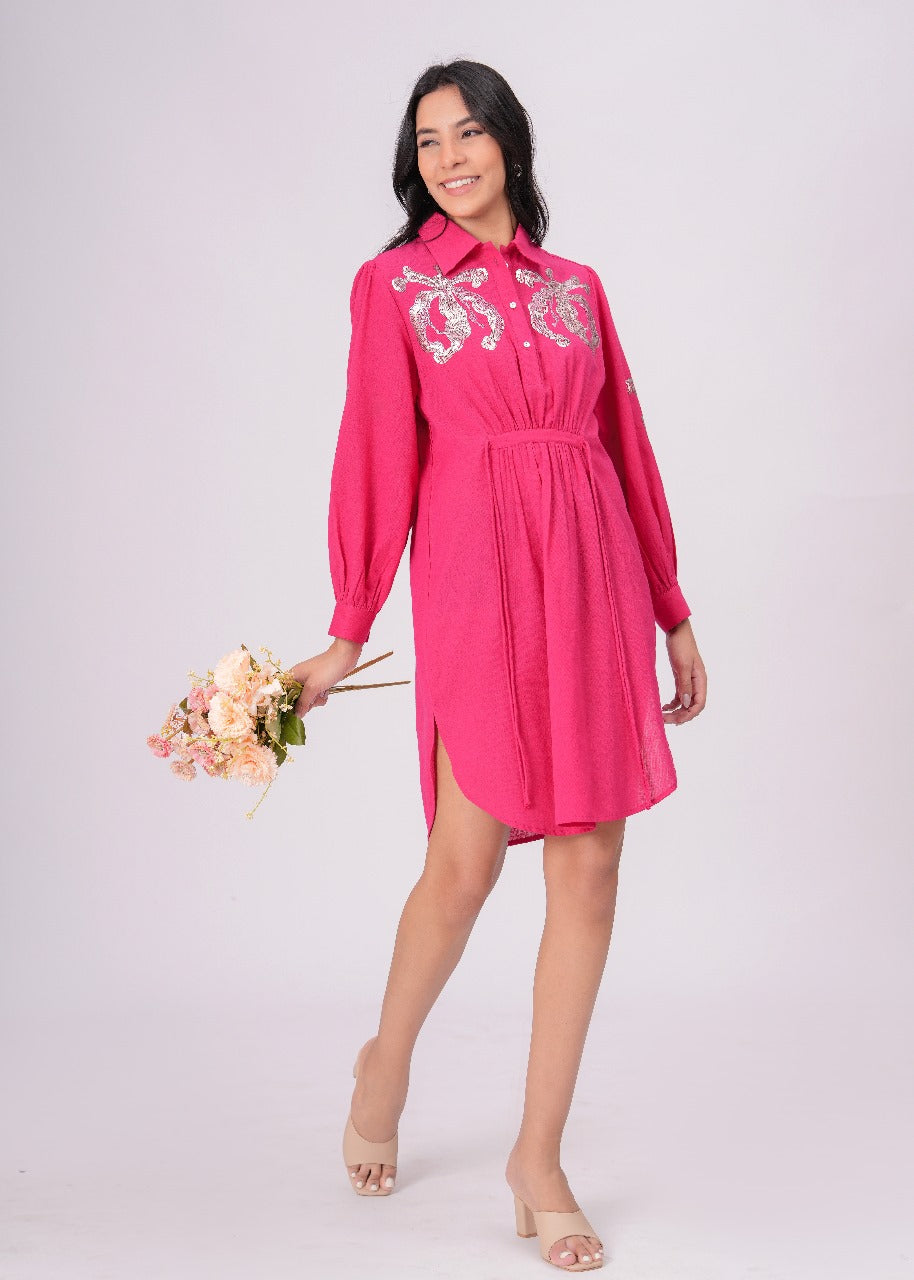 Collared Pink Shirt Dress with Embroidery