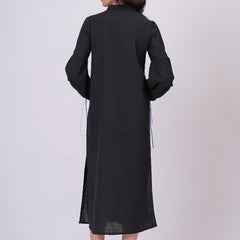 Black Longline Button-Down Dress with Floral Thread Embroidery & Balloon Sleeves