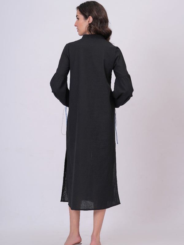 Black Longline Button-Down Dress with Floral Thread Embroidery & Balloon Sleeves