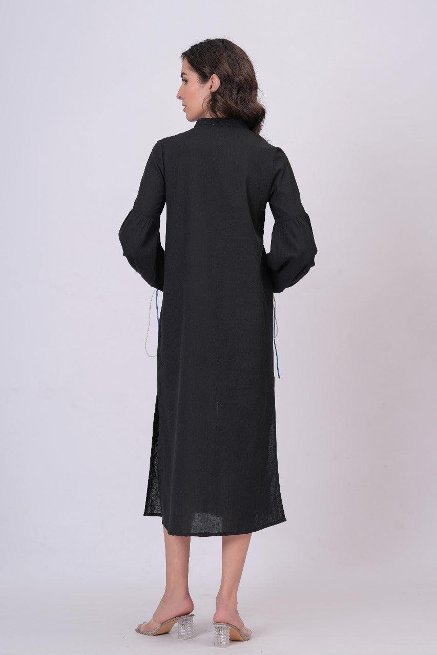 Black Longline Button-Down Dress with Floral Thread Embroidery & Balloon Sleeves