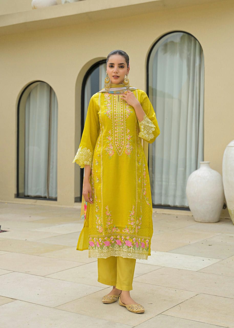 Yellow Anarkali Embroidered Suit Set