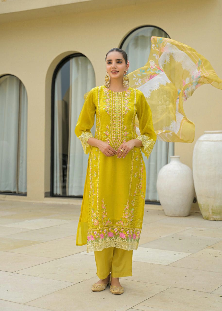 Yellow Anarkali Embroidered Suit Set