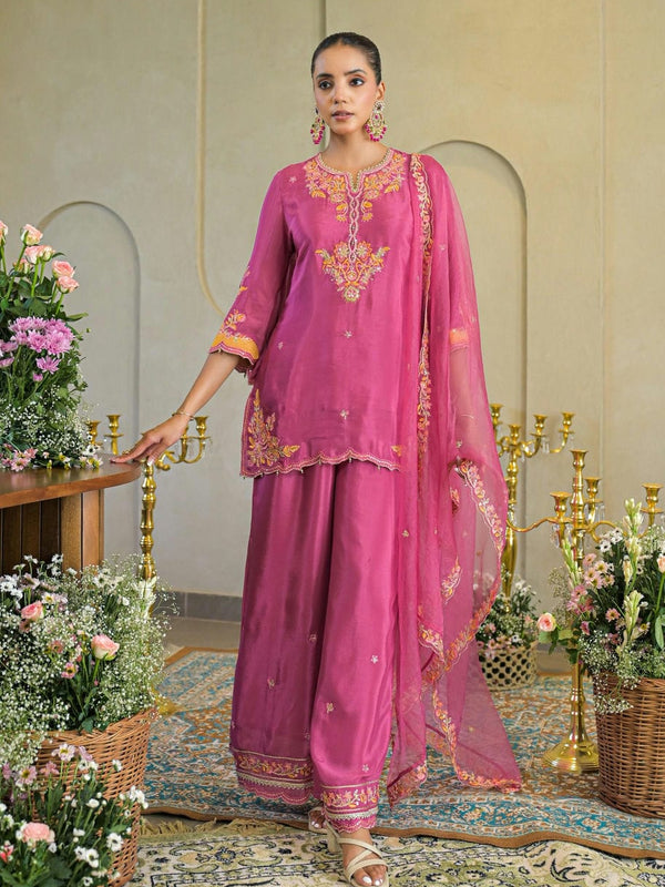 Rani Pink Chandery Embroidered Sharara Set