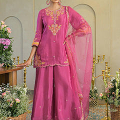 Rani Pink Chandery Embroidered Sharara Set