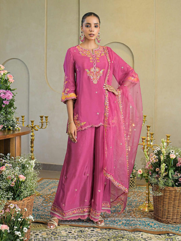 Pastel Wedding Outfits for Day Weddings – Top Trends of 2025 1 Rani Pink Chandery Embroidered Sharara Set