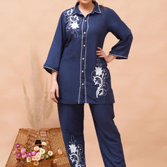 Navy Blue White Embroidered Co-ord Set