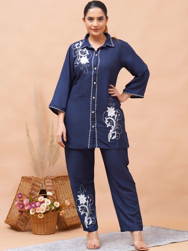 Navy Blue White Embroidered Co-ord Set