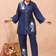 Navy Blue White Embroidered Co-ord Set