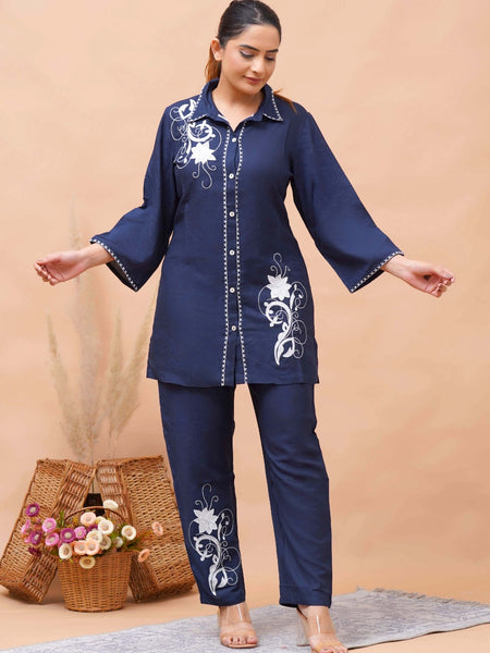 Navy Blue White Embroidered Co-ord Set