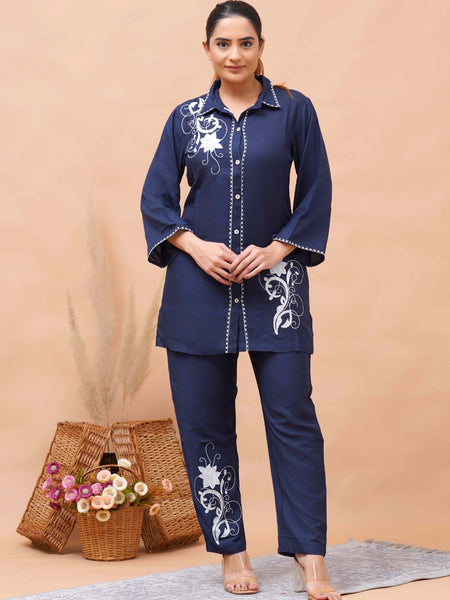 Navy Blue White Embroidered Co-ord Set