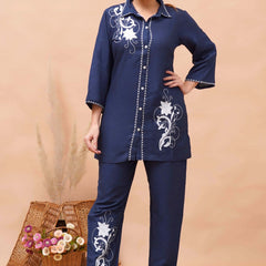 Navy Blue White Embroidered Co-ord Set