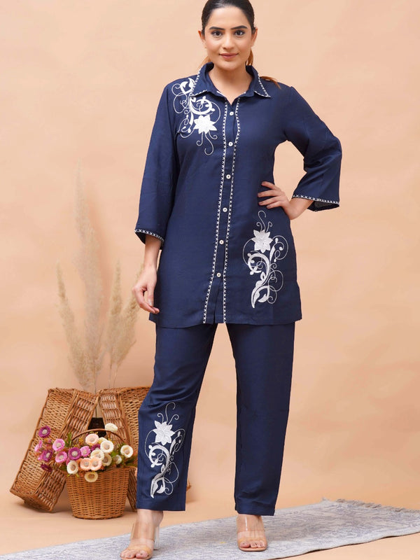 Navy Blue White Embroidered Co-ord Set