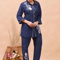 Navy Blue White Embroidered Co-ord Set