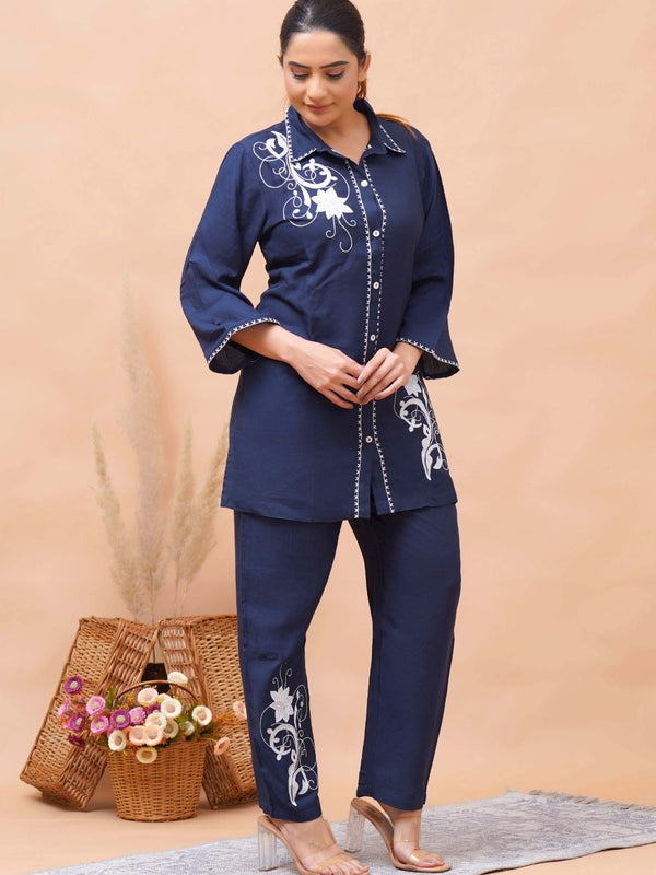 Navy Blue White Embroidered Co-ord Set