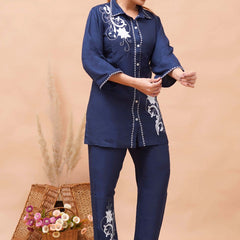 Navy Blue White Embroidered Co-ord Set