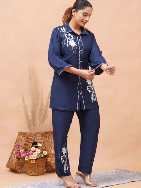 Navy Blue White Embroidered Co-ord Set
