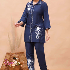 Navy Blue White Embroidered Co-ord Set
