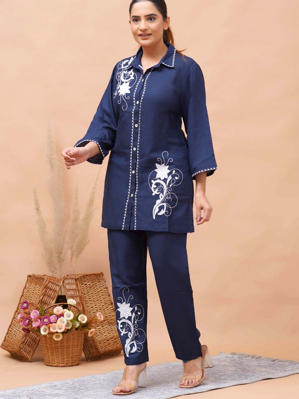 Navy Blue White Embroidered Co-ord Set