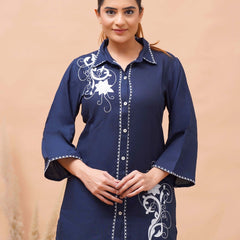Navy Blue White Embroidered Co-ord Set