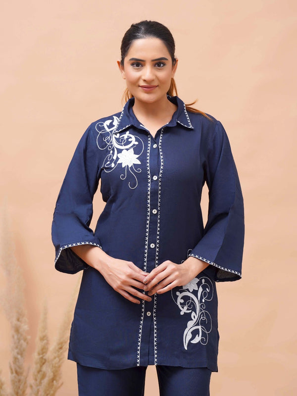 Navy Blue White Embroidered Co-ord Set