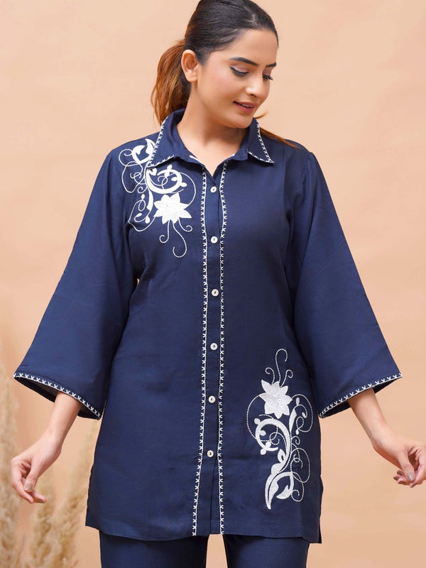 Navy Blue White Embroidered Co-ord Set