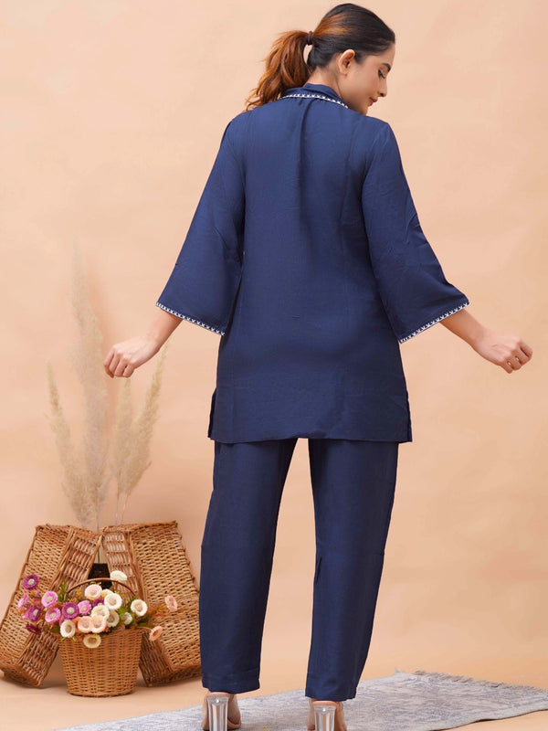 Navy Blue White Embroidered Co-ord Set