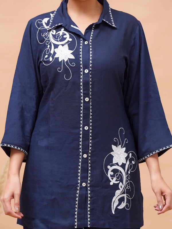 Navy Blue White Embroidered Co-ord Set