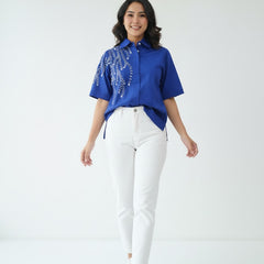 Elegant Blue Embellished Short Sleeve Cotton Top