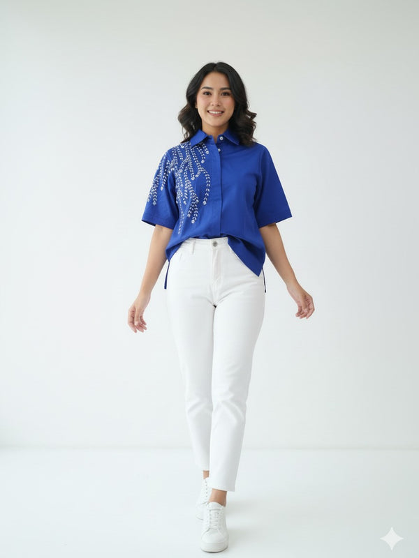 Elegant Blue Embellished Short Sleeve Cotton Top