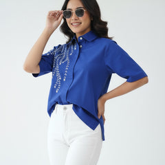 Elegant Blue Embellished Short Sleeve Cotton Top