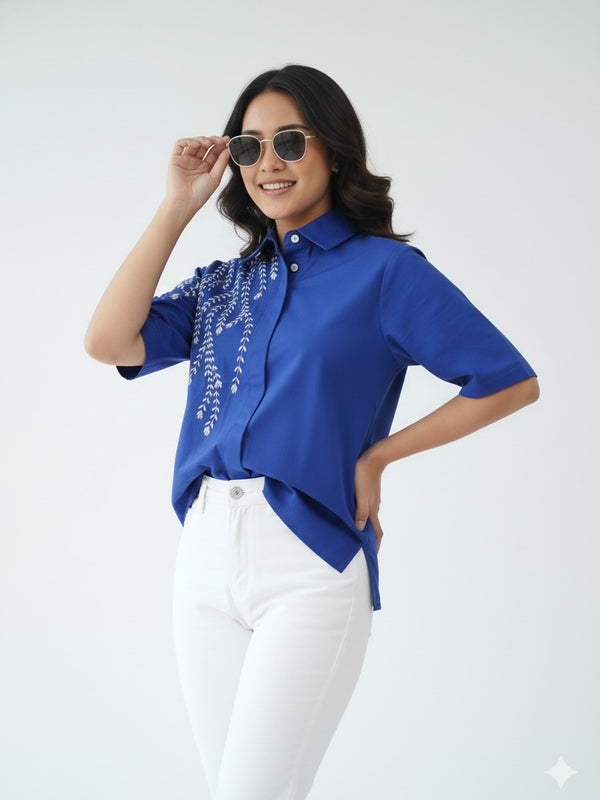 Elegant Blue Embellished Short Sleeve Cotton Top