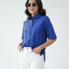 Elegant Blue Embellished Short Sleeve Cotton Top