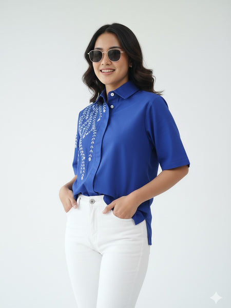 Elegant Blue Embellished Short Sleeve Cotton Top