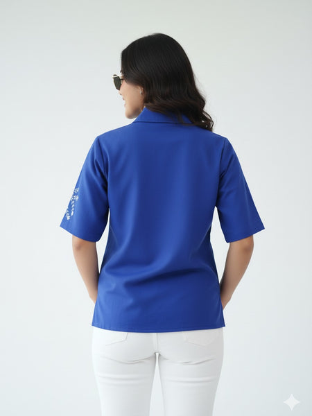 Elegant Blue Embellished Short Sleeve Cotton Top