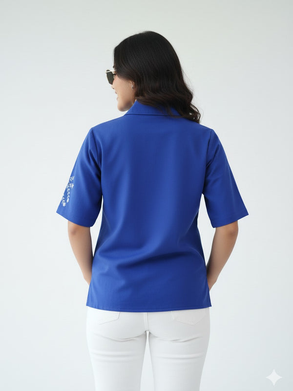 Elegant Blue Embellished Short Sleeve Cotton Top
