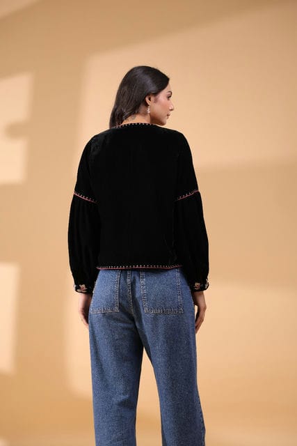 Poly Velvet Embroidered Black Jacket